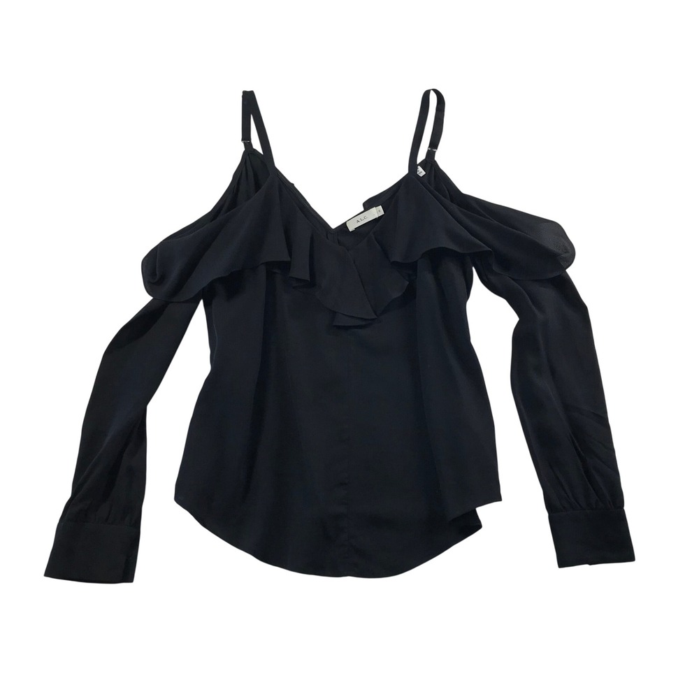 ALC Black 100% Silk Cold Shoulder Ruffle Blouse Top Size 6 S-1708 5TOPS00094